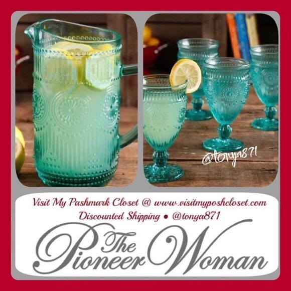 🦋 New Pioneer Woman Turquoise Adeline Pitcher & 4 Glass Goblets Gift Set - Picture 1 of 8